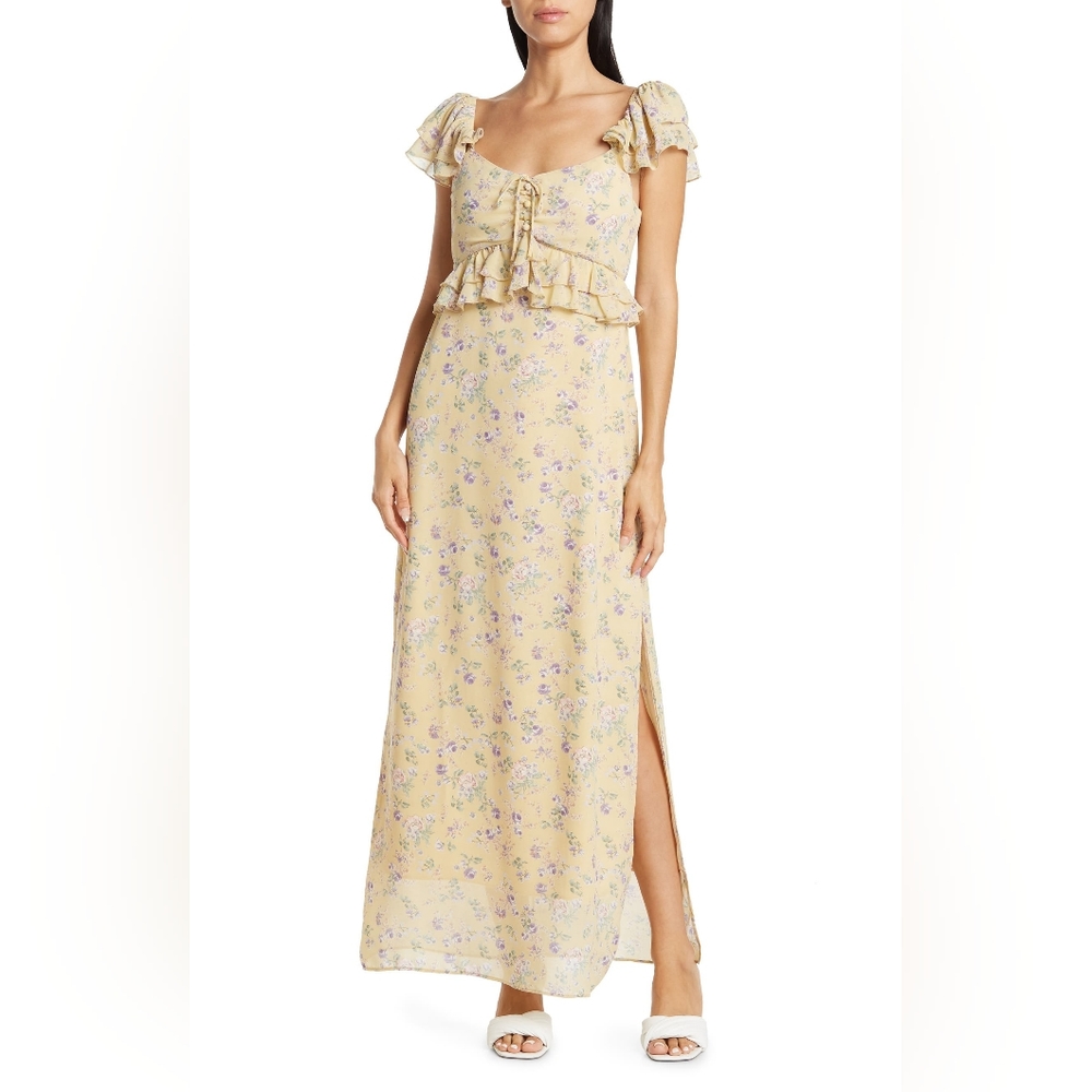 Lush Floral Ruffled Cap Sleeve Maxi Dress Boho Chic Small Yellow